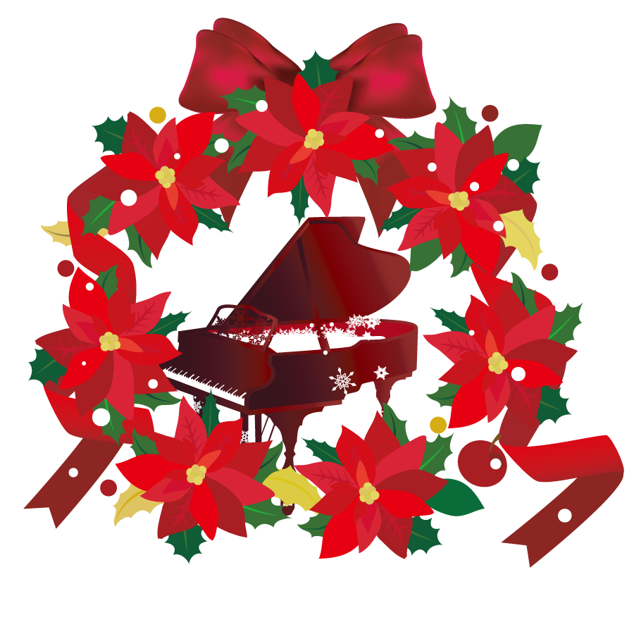 ポインセチアのリースとクリスマスのピアノイラスト